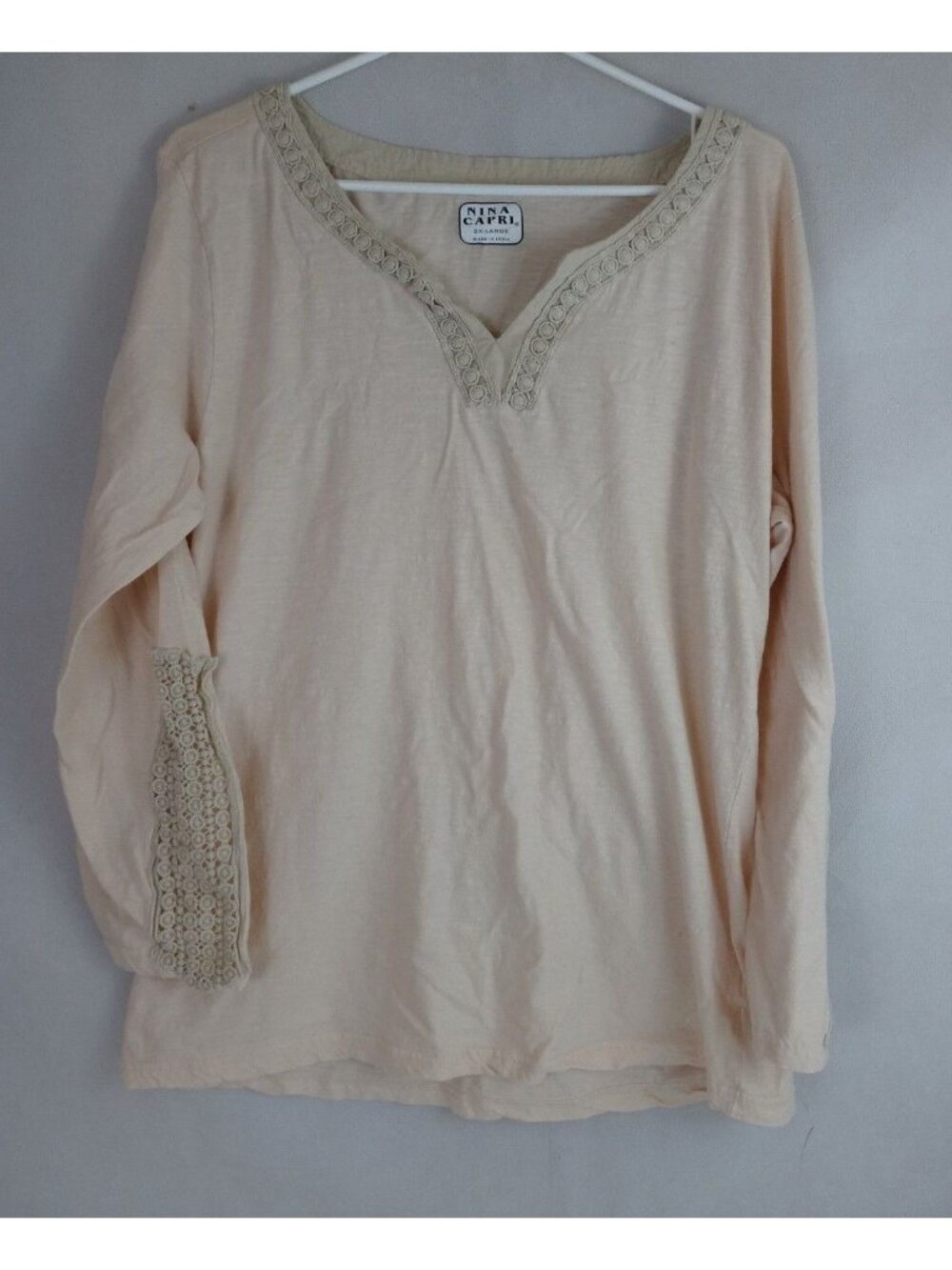 Nina Capri Women's Peach Blouse With Embroidered Neckline & Sleeves Size 2XL